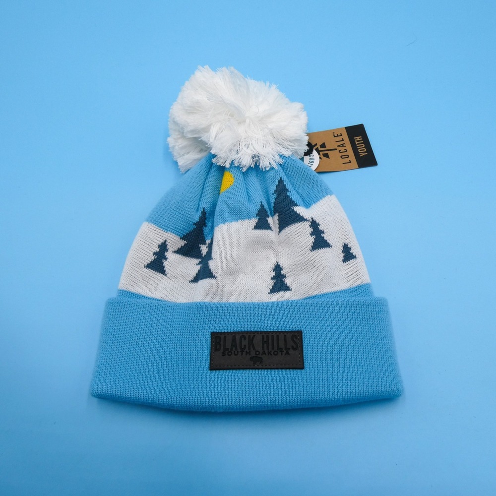 Locale Beanie Hat Youth One Size Black Hills South Dakota Blue Pom Recycled Knit